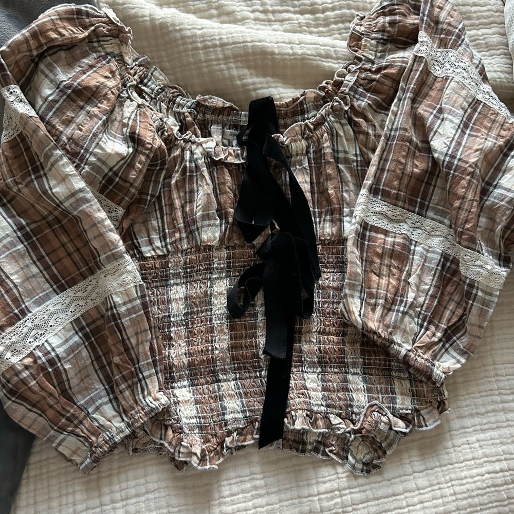 Kimchi Blue Plaid Blouse with Black Bow urban outfitters